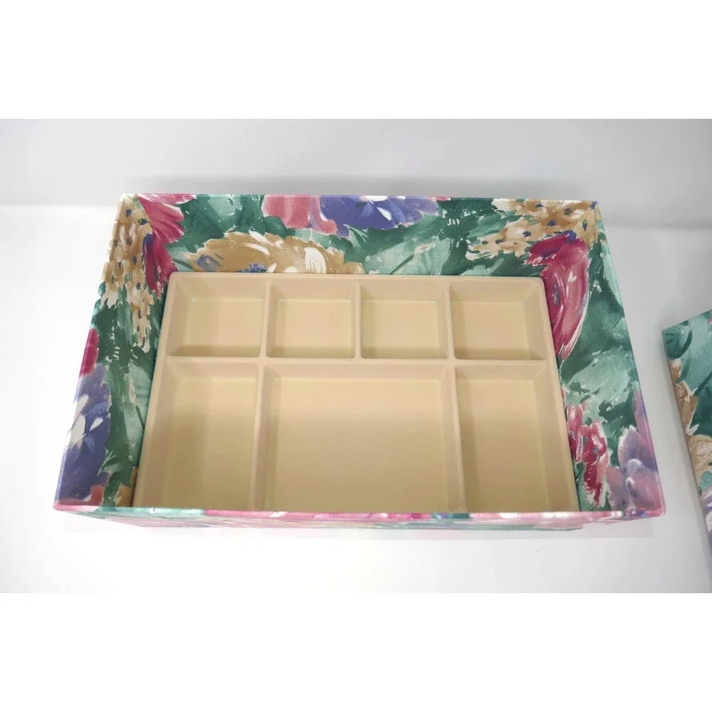 Mele Vintage 90s Fabric Floral Watercolor Jewelry Storage Chest 3 Lift Out Trays
